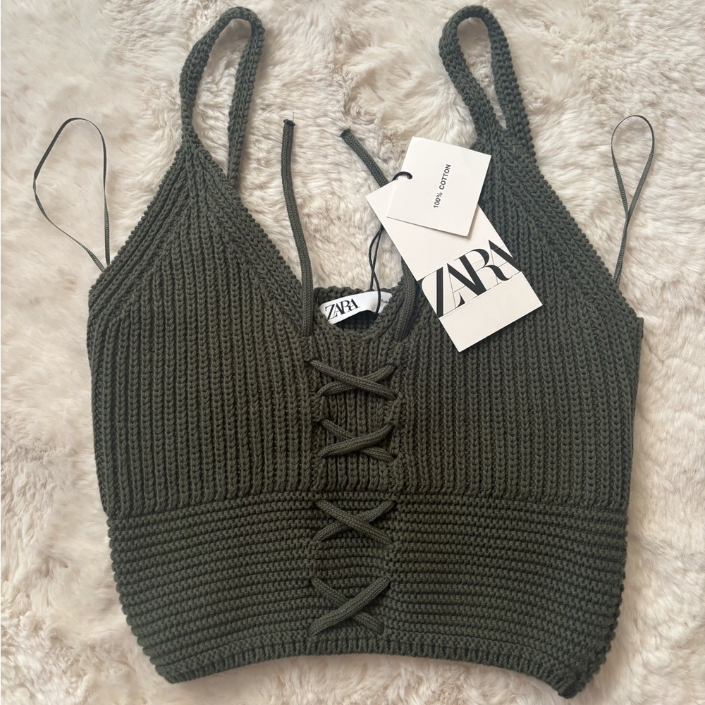 Zara Gray Ribbed Tie Front Crop Top
